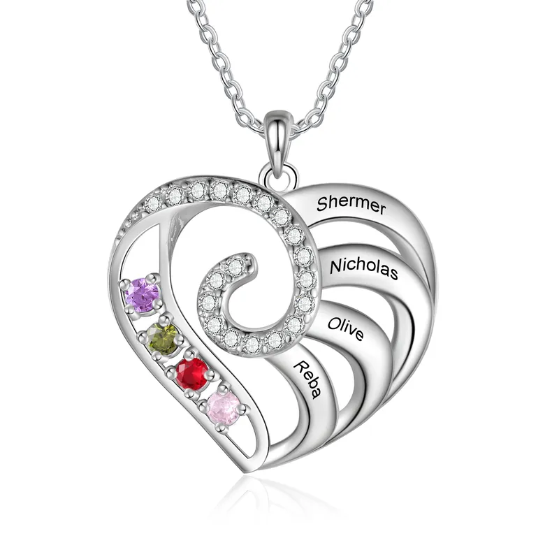 Offre Exclusive Collier Coeur 4 Prénoms Personnalisés avec 4 Pierre de Naissance Collier Argent 925Personnalisé Femme|Jessemade
