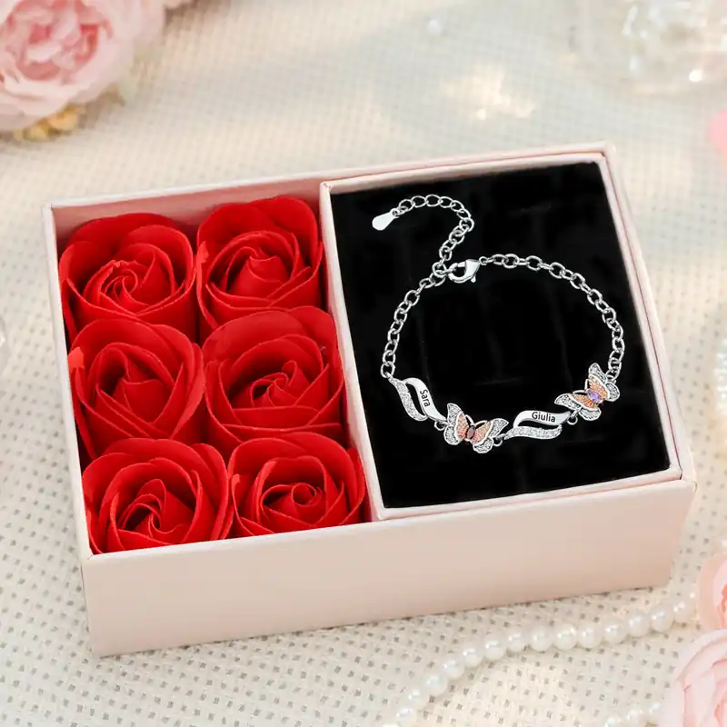 Prix Choc Bracelet Papillon 2 Prénoms Personnalisés avec 2 Pierres de Naissance Bracelet Personnalisé Femme | Jessemade