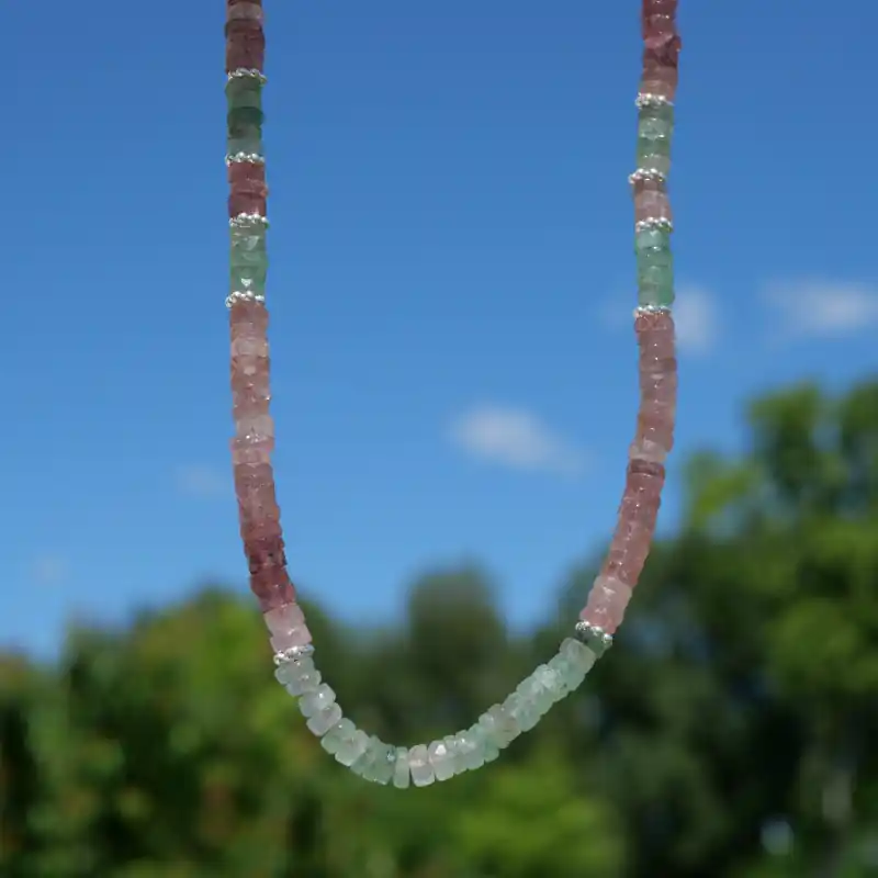 Top Qualité Collier tranches pierres Quartz strawberry rose et vert anneaux argent