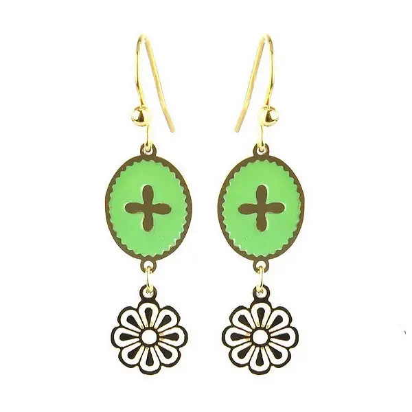 Affaire À Saisir Boucles d'oreilles acier inoxydable tombante émail verte avec chaînette