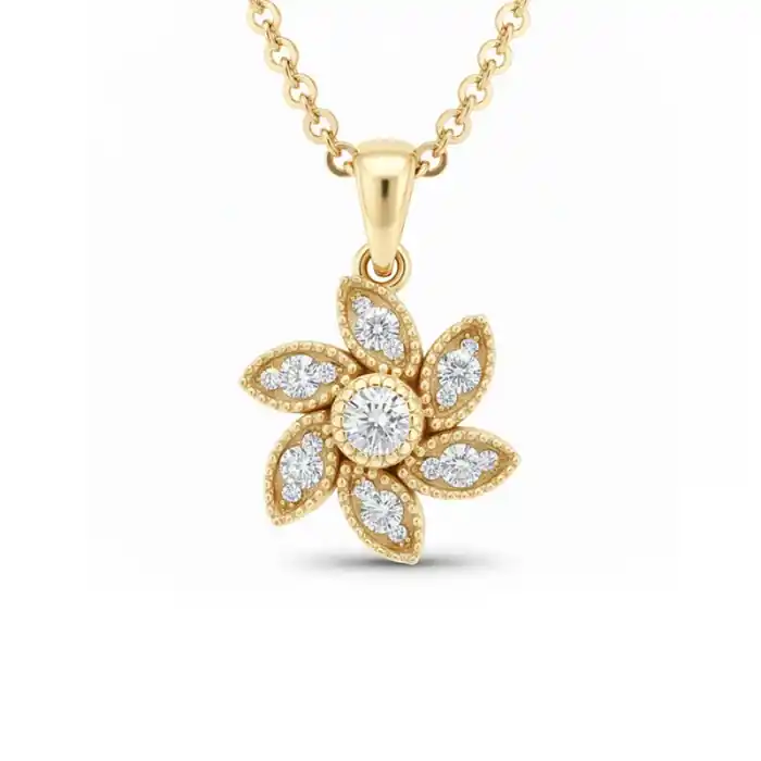 Florémia – Pendentif fleur vintage serti de diamants avec millegrain en or jaune 10k Prix Promo