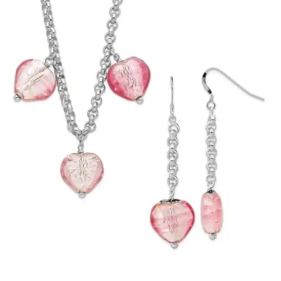 Prix Promo Ensemble pendentif et boucles d'oreilles verre de Murano coeurs roses en argent