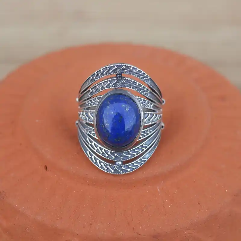 Remise Bague anneaux oxydes et pierre ovale Lapis lazuli (bleu) T52