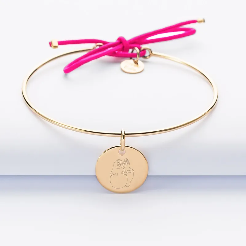 Achat Immédiat Bracelet personnalisé jonc plaqué or et cordon médaille gravée 15 mm - HappyBulle x Barbapapa