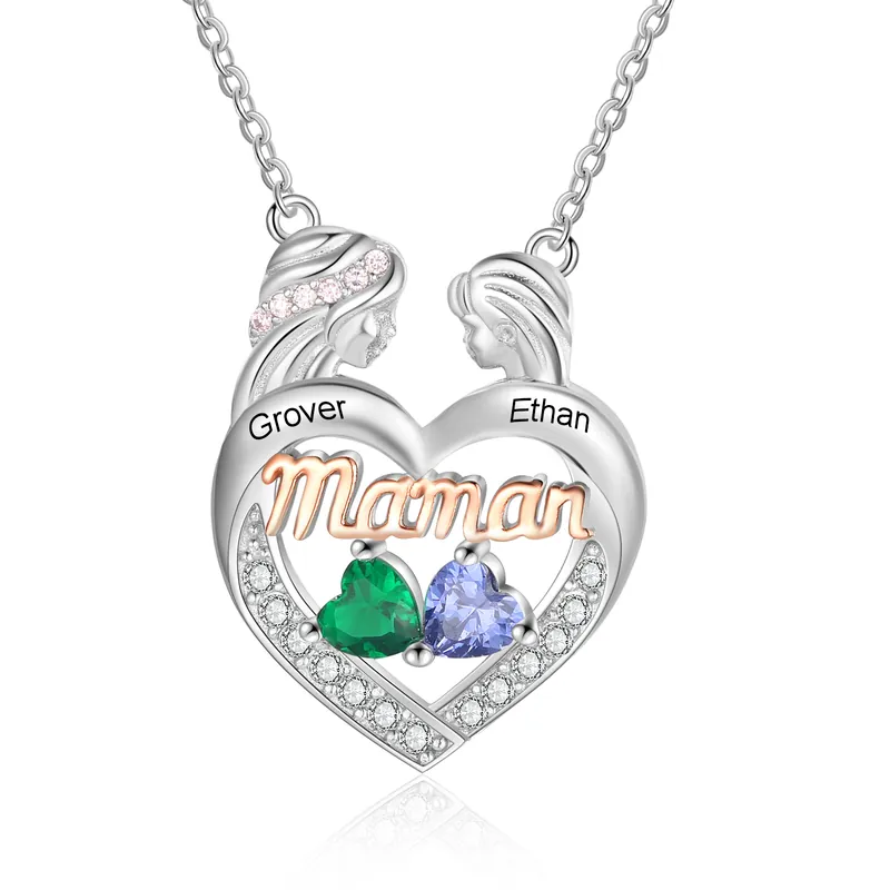Dernier Modèle Collier Coeur mère et fille 2 Prénoms Personnalisé avec 2 pierres de naissance pour Maman|Jessemade