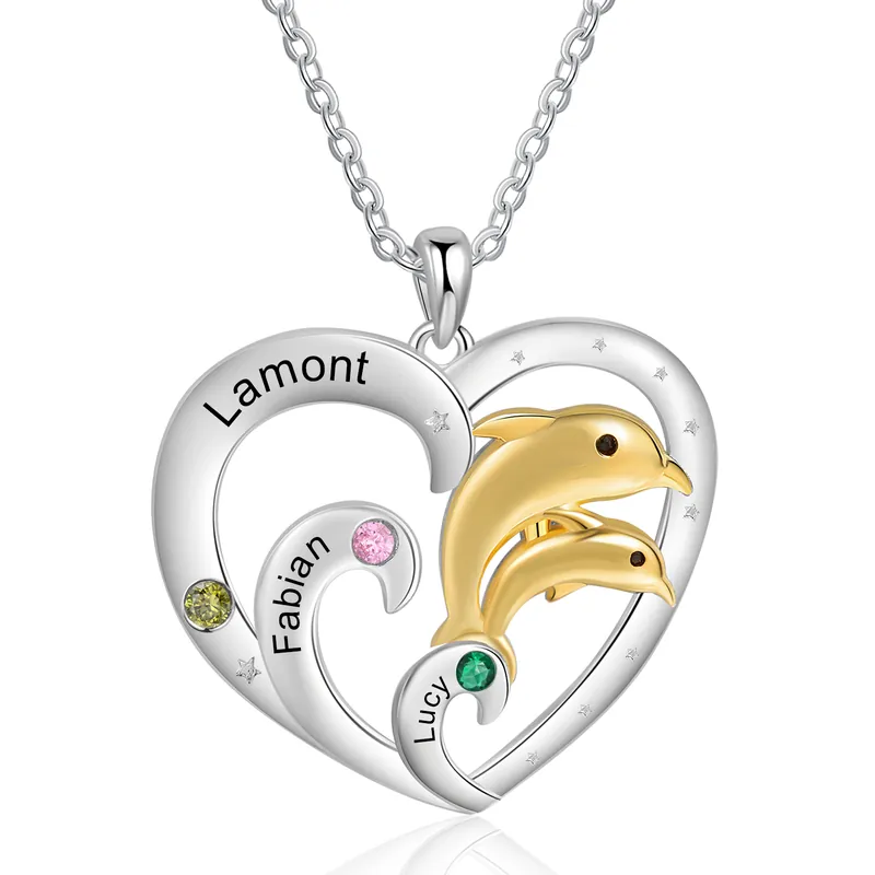 Vente Flash Collier Coeur et Dauphin Pendentif 3 Prénoms Personnalisés avec 3 Pierres de Naissance|Jessemade