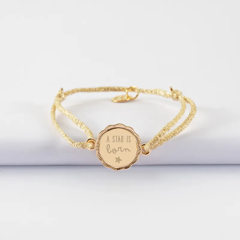 Réduction Bracelet enfant personnalisé cordon pailleté médaille contour fleur gravée plaqué or 2 trous 15 mm