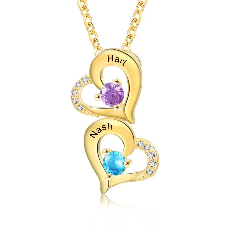 Premium Collier Coeur 2 Prénoms Personnalisés avec Pierre de naissance Or/Or Rose pour Femmes|Jessemade