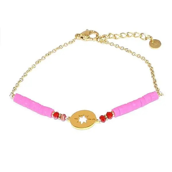 Bracelet acier 316 inoxydable disque étoile doré gomme fushia Jaspe rouge Certifié