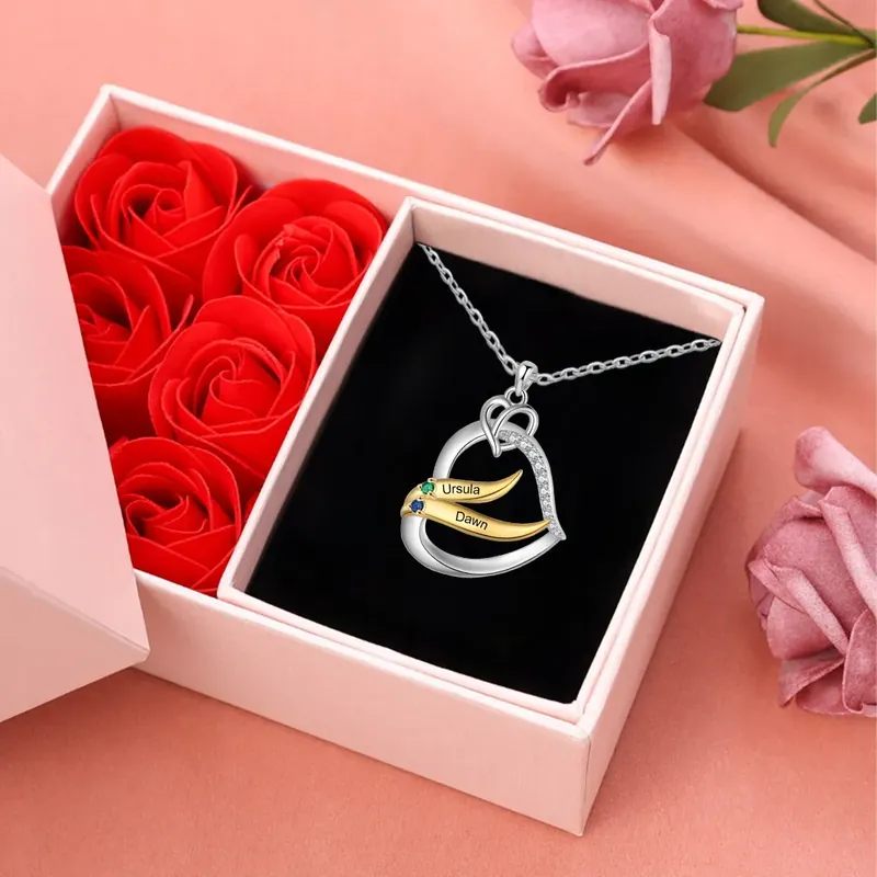 Certifié Collier Pendentif Cœur et Ailes Collier Personnalisé Femme avec 2-5 Prénoms et Pierres de naissance|Jessemade