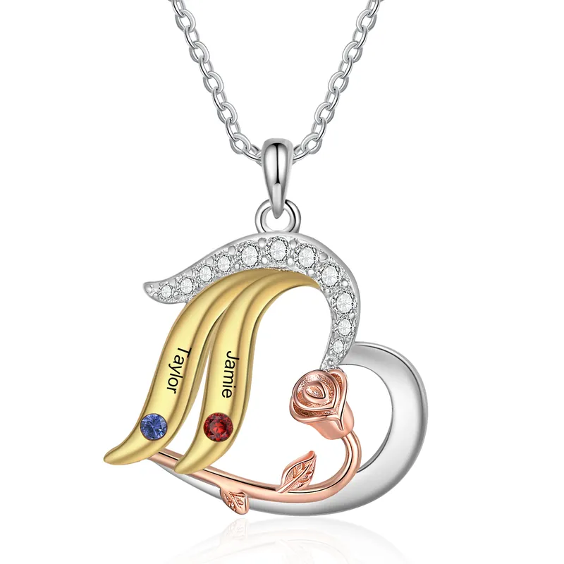 Collier rose 2-5 Prénoms Personnalisés Cœur avec Pierre de Naissance Collier Personnalisé Femme Or argent Cadeau pour femme | Jessemade Garantie Incluse