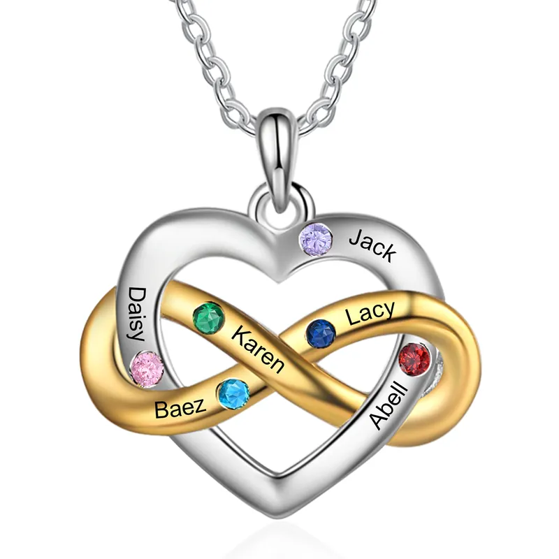 Collier cœur infini 6 Prénoms Personnalisés avec 6 pierres de naissance Collier Personnalisé Femme Cadeau pour femme | Jessemade Solde