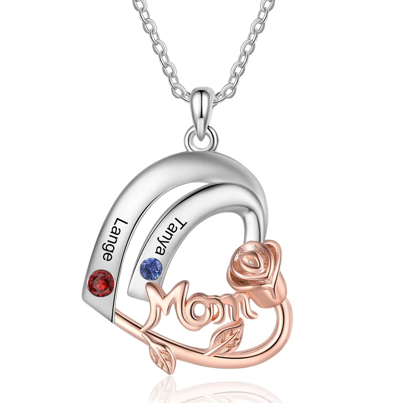 Meilleur Prix À Maman Collier 2 Prénoms Personnalisés cœur avec 2 pierre de naissance Collier Personnalisé Femme Or argent | Jessemade