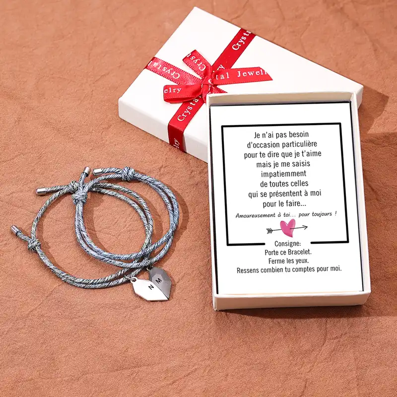 2PCS Bracelets Cœur Magnétique 2 Lettres Personnalisées pour Couple En Vogue