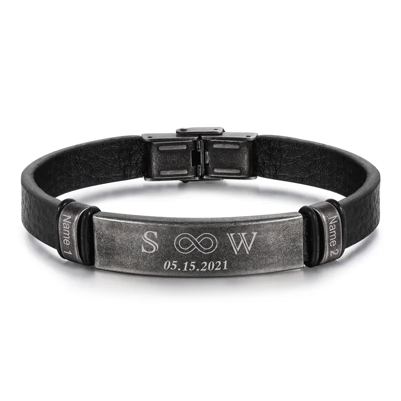 Bracelet en Cuir Croix 2 Prénoms Personnalisés avec 2 Lettres et Date|Jessemade Retour Gratuit