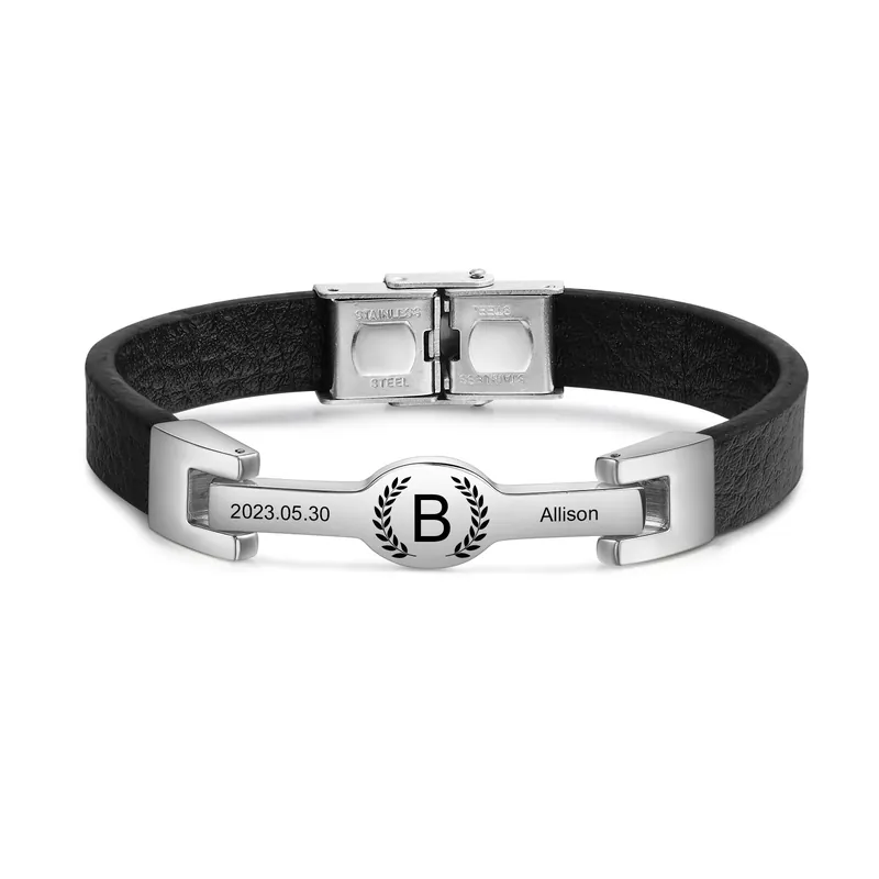 Certifié Bracelet Initiale en Cuir 1 Prénom Personnalisé avec Date et Lettre|Jessemade