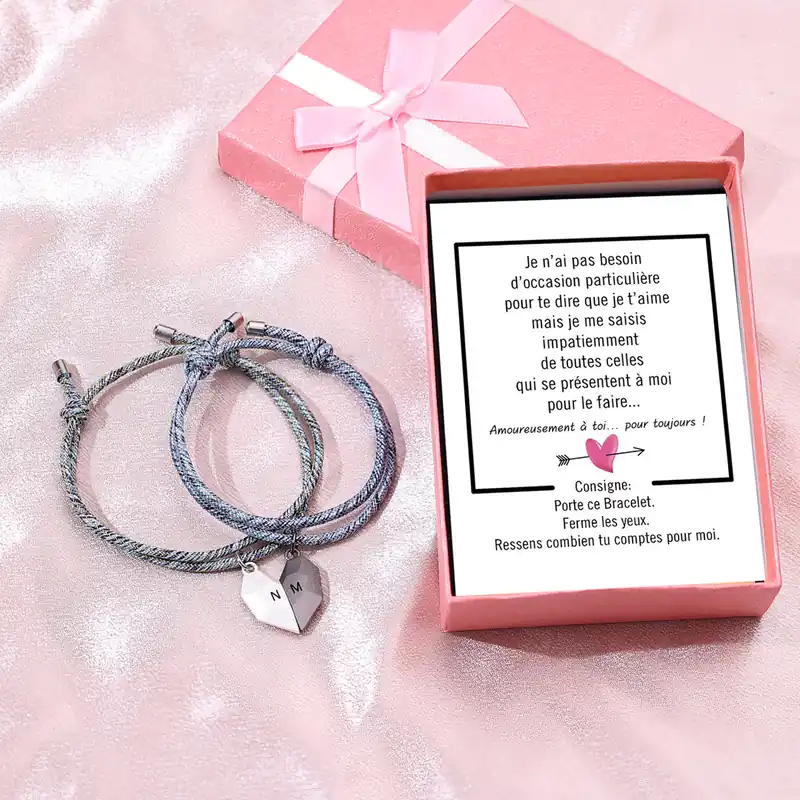 2PCS Bracelet Initiale Cœur Magnétique 2 Lettres Personnalisées pour Couple|Jessemade Satisfait Ou Remboursé