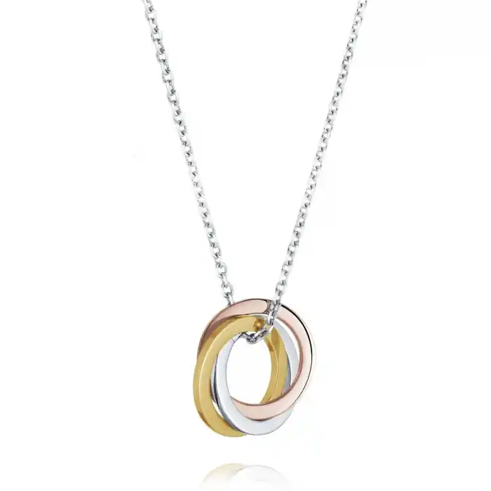 Garantie Incluse Collier Union Tricolore trois anneaux entrelacés en acier inoxydable trois tons pour femme