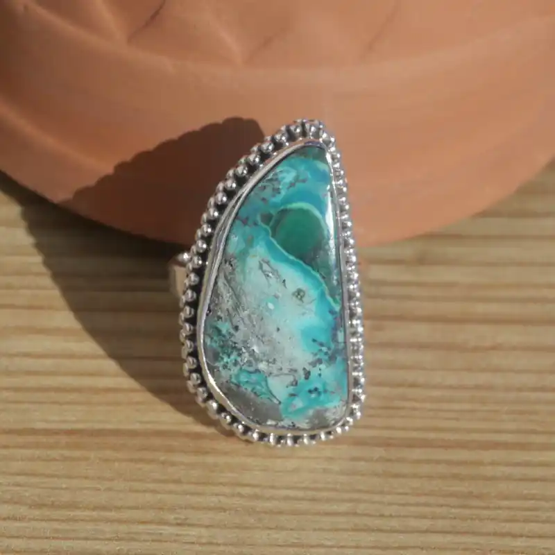Prix Réduit Bague en pierre Azurite Malachite et argent cisele (vert) (bleu) T57