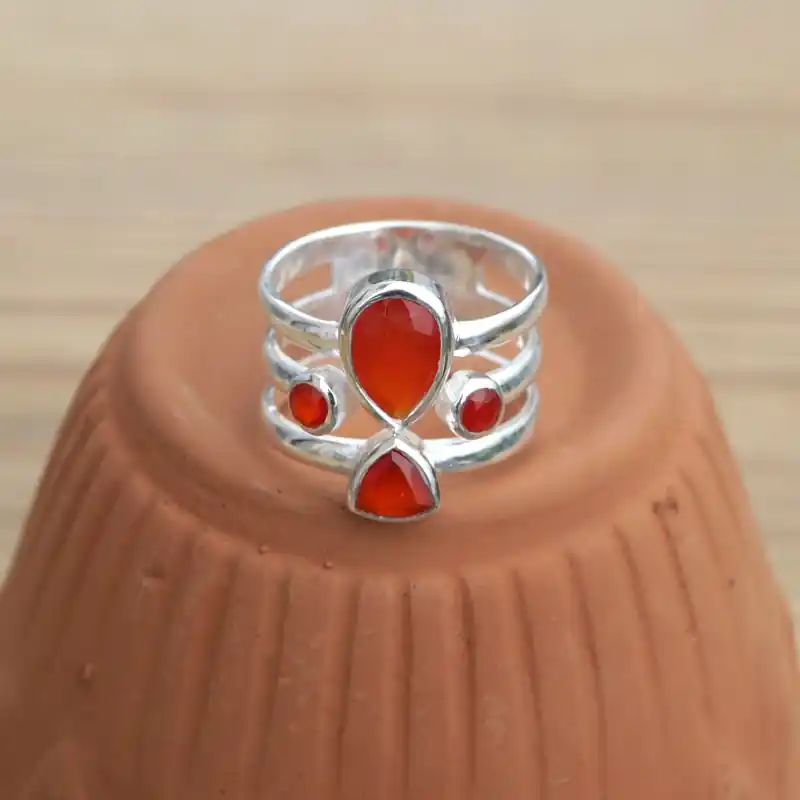 Tendance Anneau large argent et 4 pierres facettees en Cornaline (orange) T53\\/60