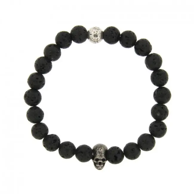 Bracelet BIKER en pierre de lave & Tête de mort Argent patiné Pas Cher