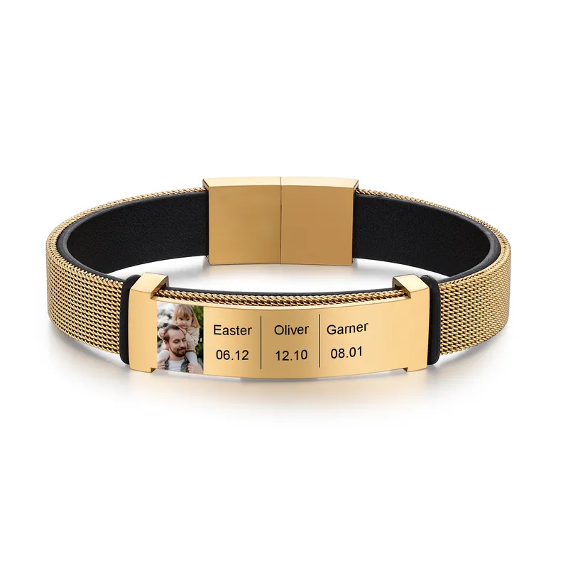 Bracelet Photo Personnalisé avec 3 Prénoms et 3 Dates pour Homme|Jessemade Offre Spéciale