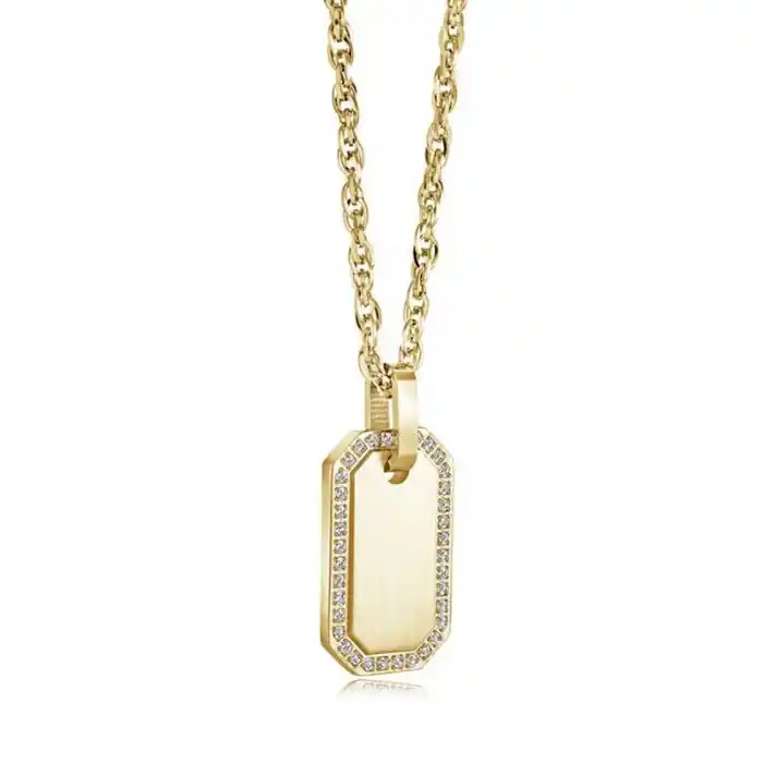 Octavia – Collier dogtag octogonal en acier inoxydable doré avec pierres et gravures personnalisées pour femme Retour Gratuit