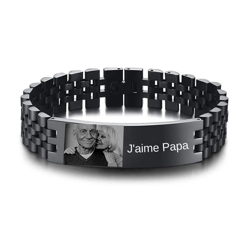 Bracelet Photo Personnalisé avec 1 Texte en Inox Noir|Jessemade Nouvel Arrivage