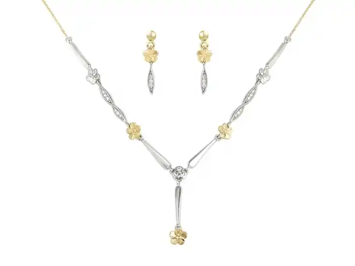Collier élégant fleuri 2 tons à diamants avec boucles d'oreilles agencées Top Qualité