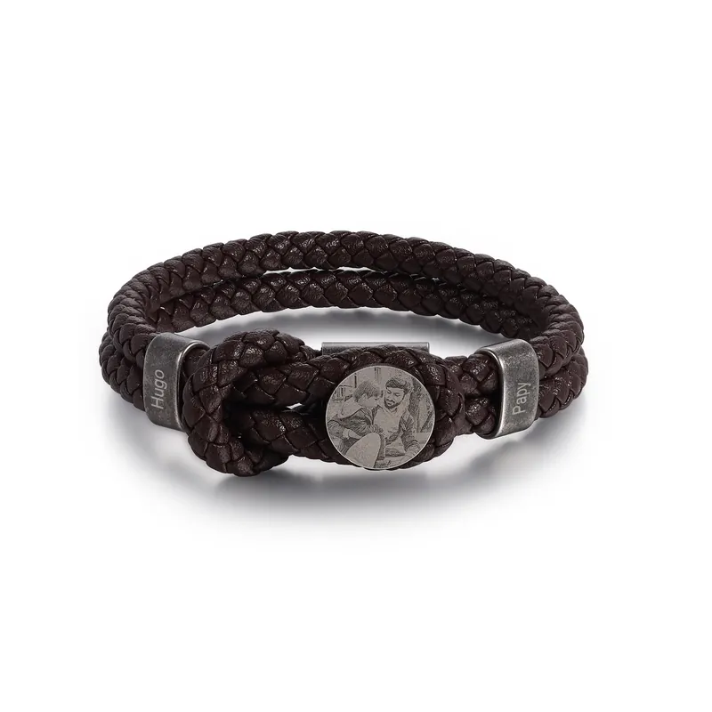 Achat Immédiat Bracelet Photo Personnalisé avec 2 Prénoms Bracelet en Cuir pour Homme|Jessemade