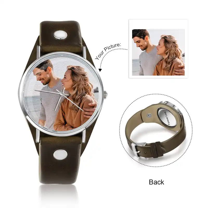 Montre Personnalisée Photo avec Gravure du prénom ou Message Bracelet en Cuir Marque