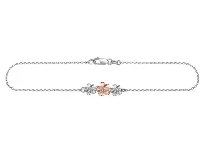 Dernière Chance Chaîne de cheville Hibiscus trio de fleurs en or 10k blanc et rose gold deux tons pour femme