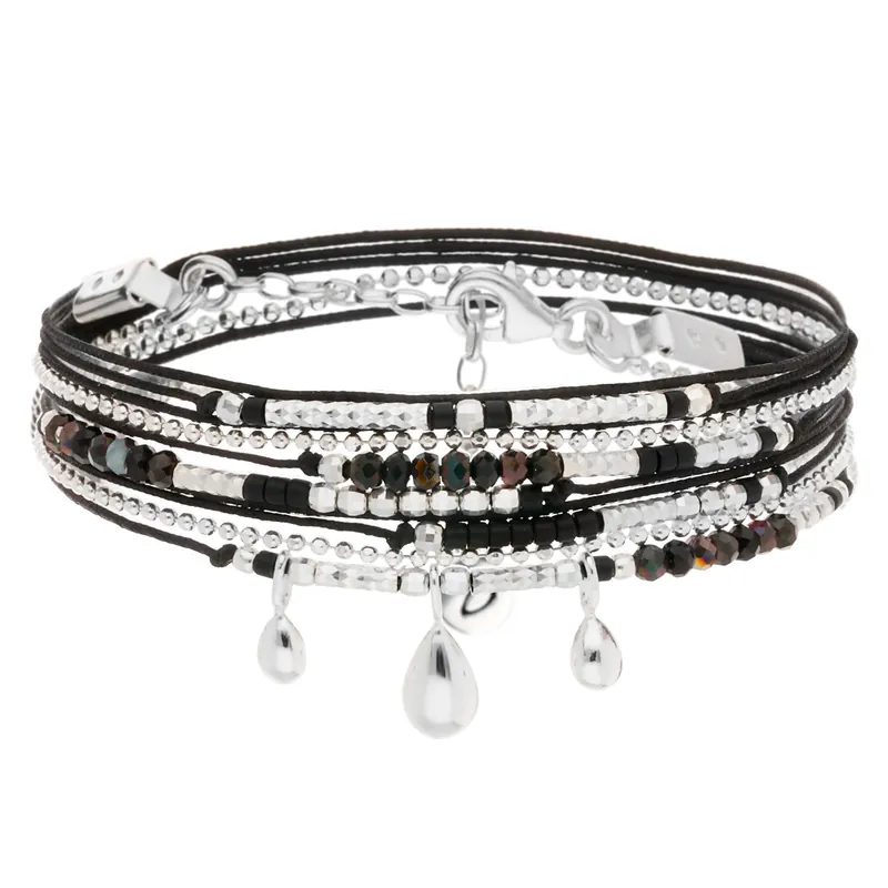 Seulement Aujourd’hui BRACELET DOUBLE TOURS NOIR 3 GOUTTES ARGENT
