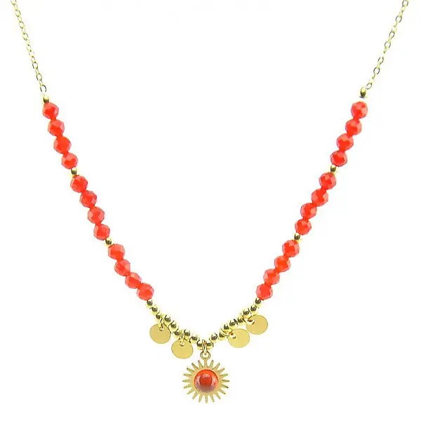 Collier pour femme chaîne acier breloques disques pierre naturelle agate rouge Marque