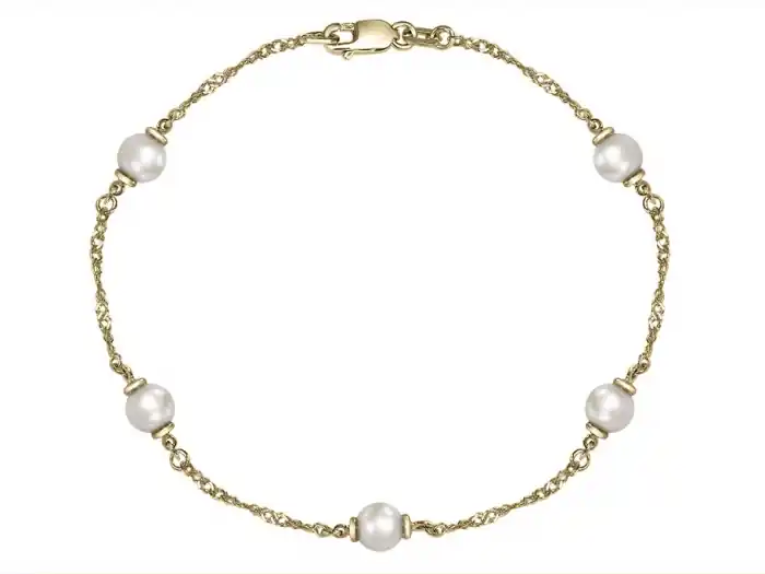 Achat Immédiat Bracelet chaîne et perles blanches véritables 5.5-6.0 mm maille singapour en or 10k