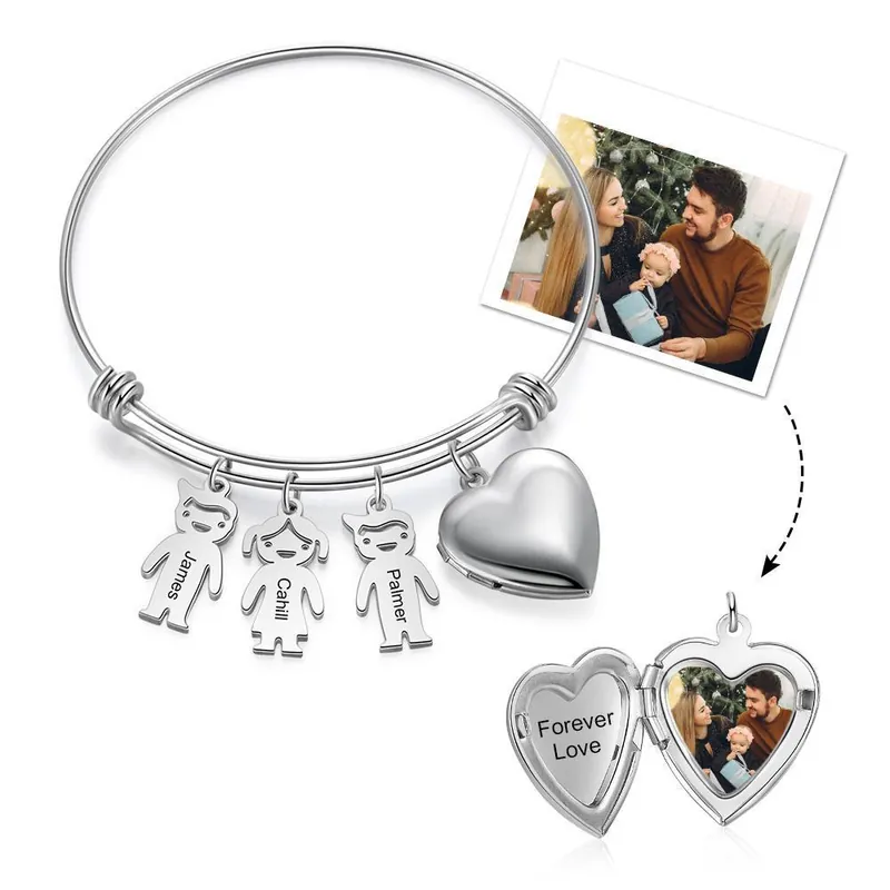 Bracelet Photo Personnalisé Coeur Avec 3 Enfants Breloques Meilleur Choix