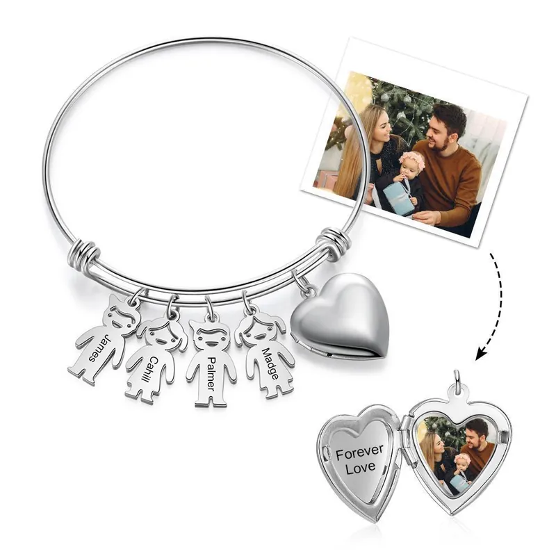 Bracelet Photo Personnalisé Coeur Avec 4 Enfants Breloques Petit Prix