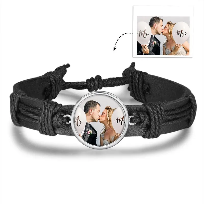 Livraison Gratuite Bracelet Photo Personnalisée Cuir Tressé pour Couple Noeud Coulissant
