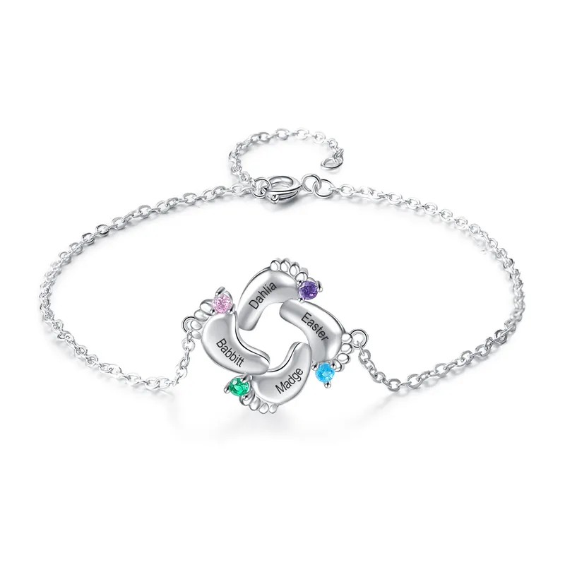 Soldes Bracelet 4 Prénom Personnalisé pied bebe avec 4 pierre de naissance