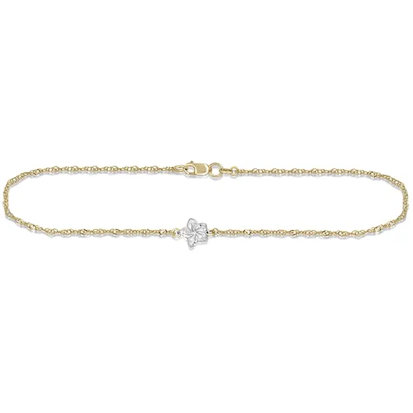 Solde Chaine de cheville Ancolie fleur centrale brillante sur maille torsadée en or jaune 10k