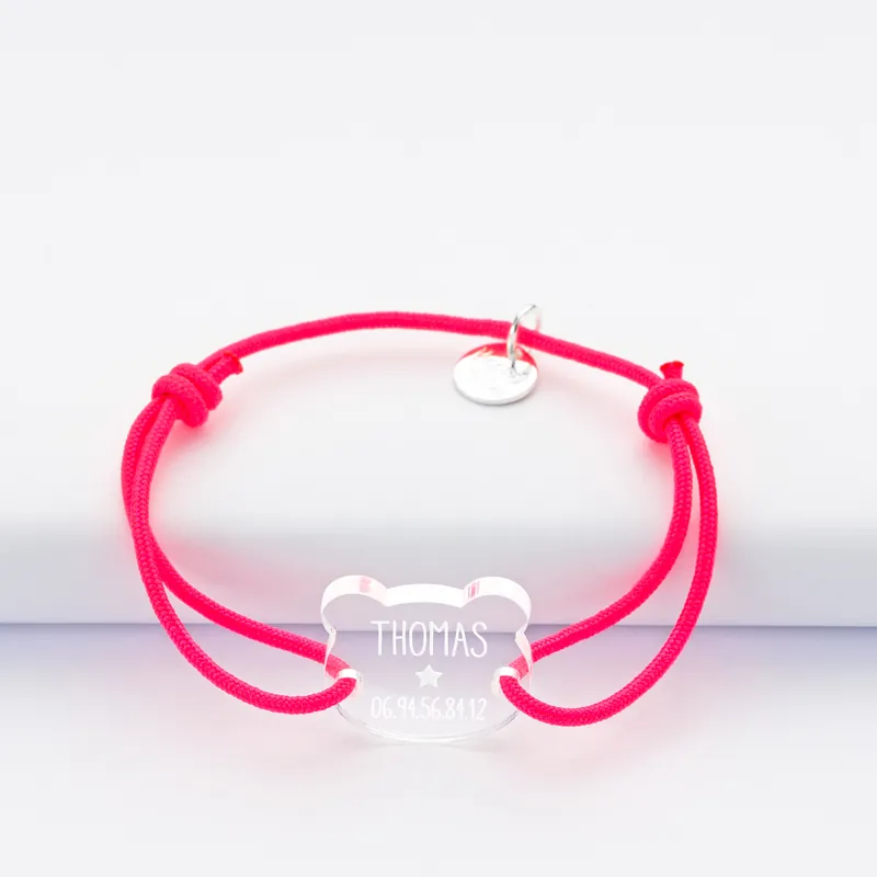 Achat Immédiat Bracelet d'identification enfant médaille gravée acrylique 2 trous ours 16x17 mm