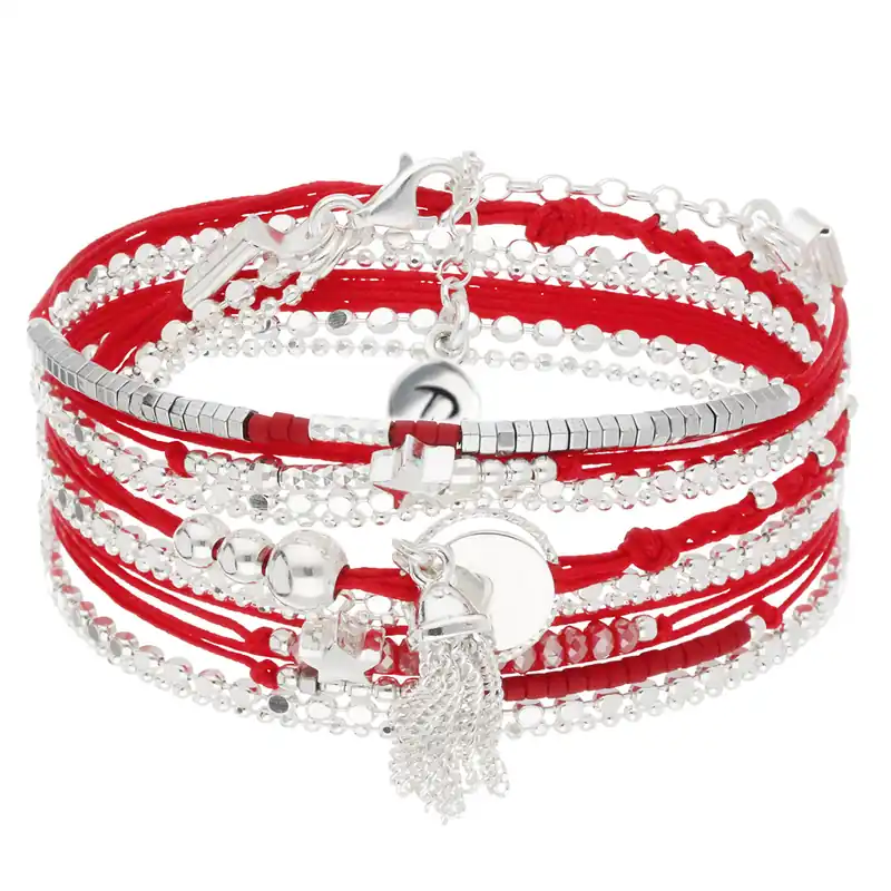 Produit De Marque BRACELET POMPON PASTILLE ANNEAU DIAMANTE TRIPLE TOURS ROUGE Argent 925 Gravable