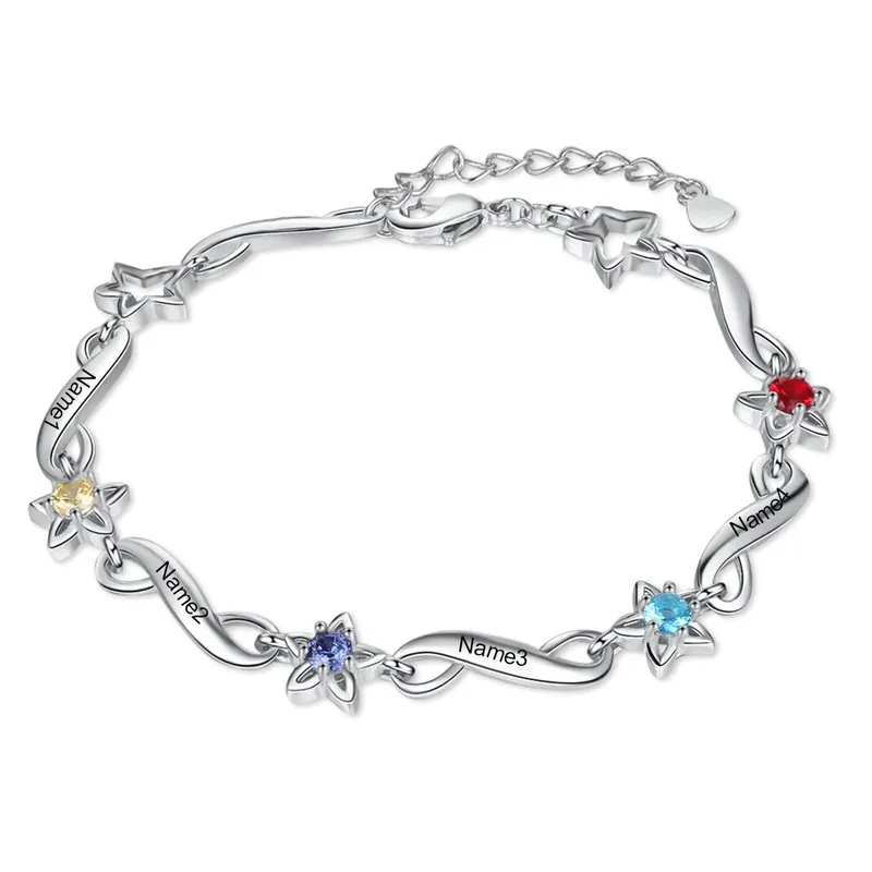 Acheter Direct Bracelet infini à Breloque 4 Prénom Personnalisé avec 4 Pierre de Naissance