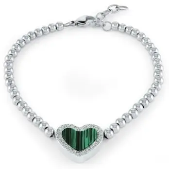 Bracelet Lovely coeur malachite halo de zircons et billes polies en acier inxoxydable pour femme Solde