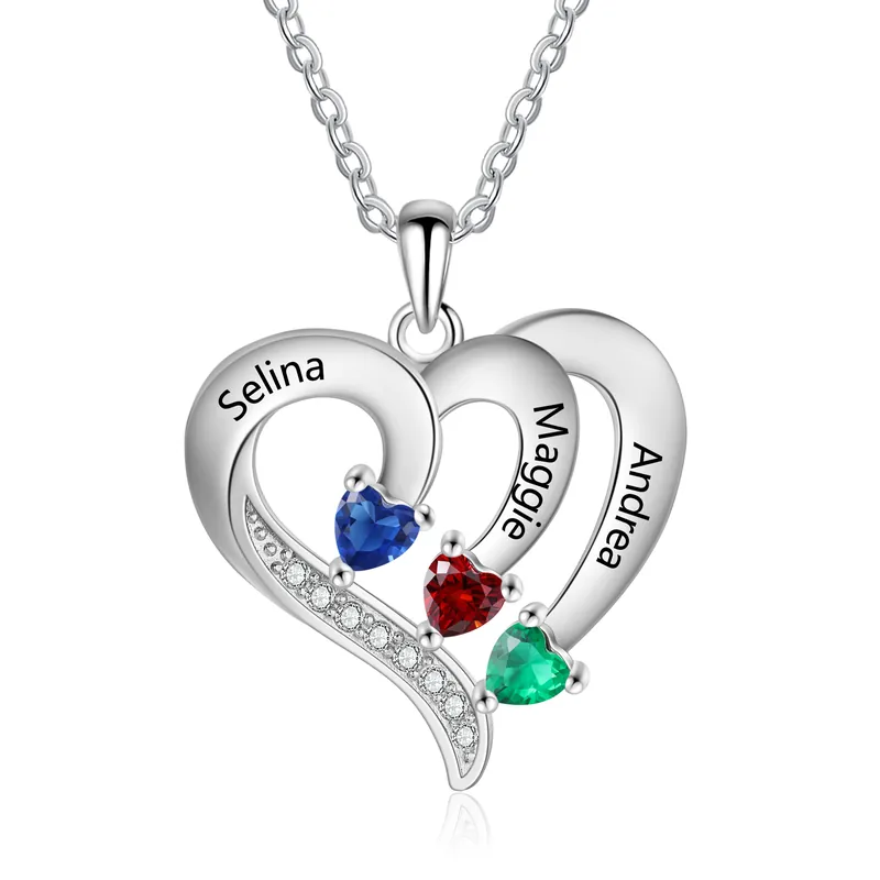Collier Cœur 3 Prénoms Personnalisés avec 3 Pierres de Naissance Collier femme | Jessemade Exclusif
