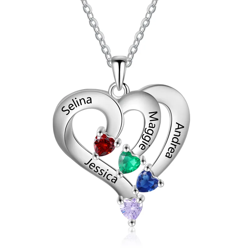 Collier Cœur 4 Prénoms Personnalisés avec 4 Pierres de Naissance Collier femme | Jessemade Populaire