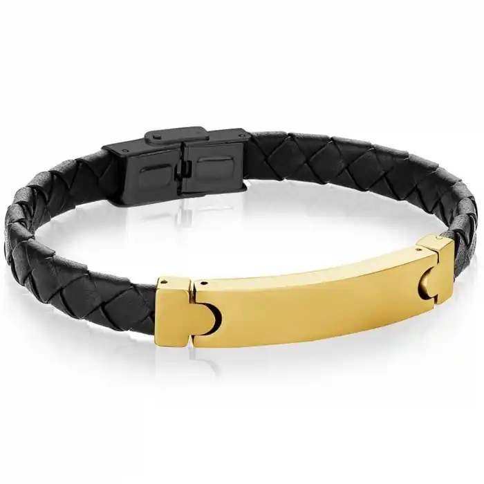 Bracelet Aurelio 2.0 plaque identité satinée cuir tressé noir en acier inoxydable doré pour homme Prix Réduit