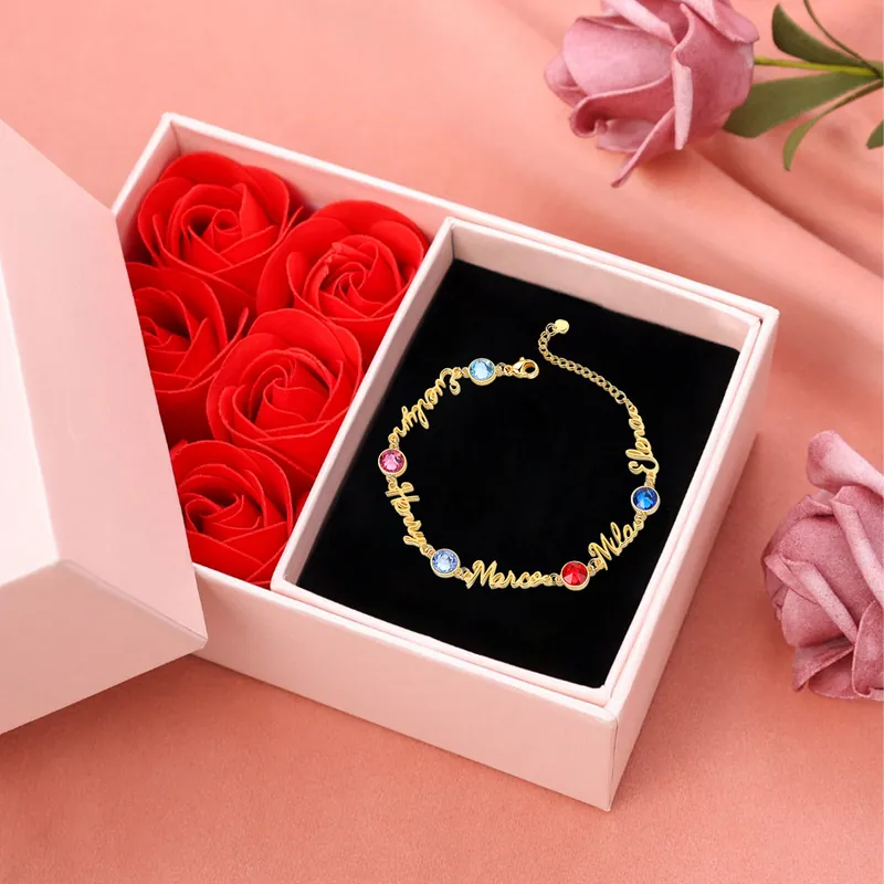 Prix Promo Bracelet Breloque 5 Prénoms Personnalisés avec 5 Pierre de Naissance pour Femmes