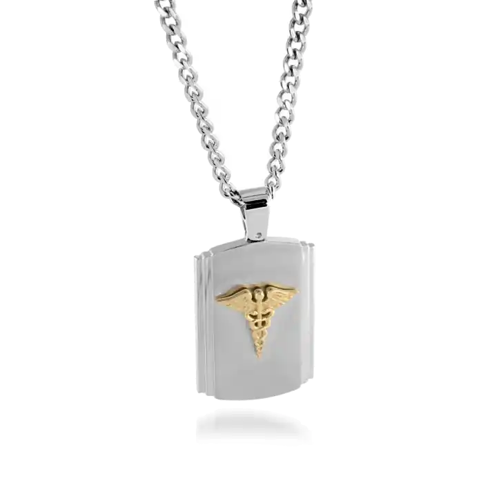Commander Vite Pendentif médical en acier inoxydable sigle plaqué or jaune 18k avec gourmette