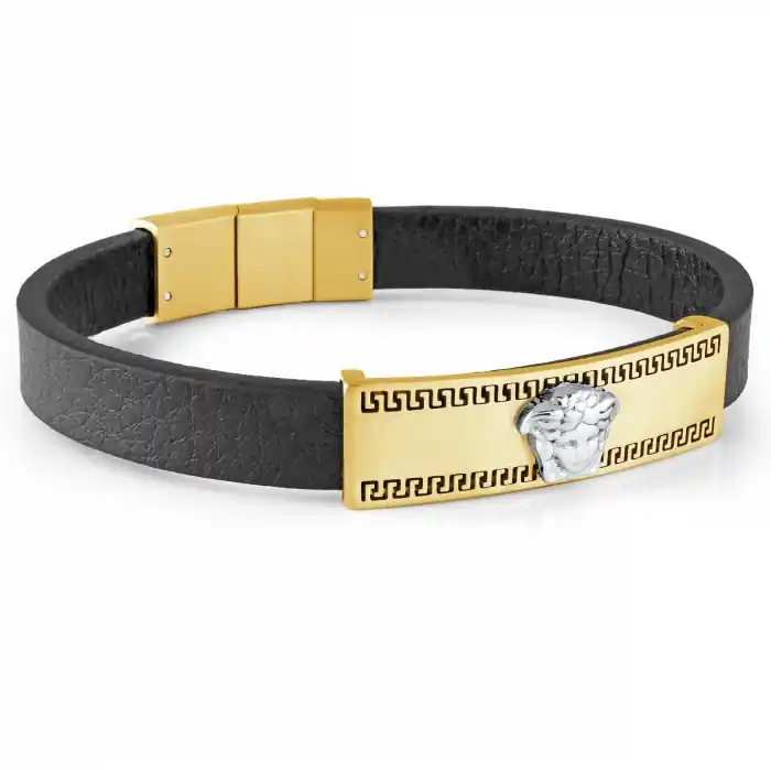 Affaire À Saisir Bracelet Adras cuir noir et acier inoxydable doré motifs clé grecque versace avec tête de méduse pour homme